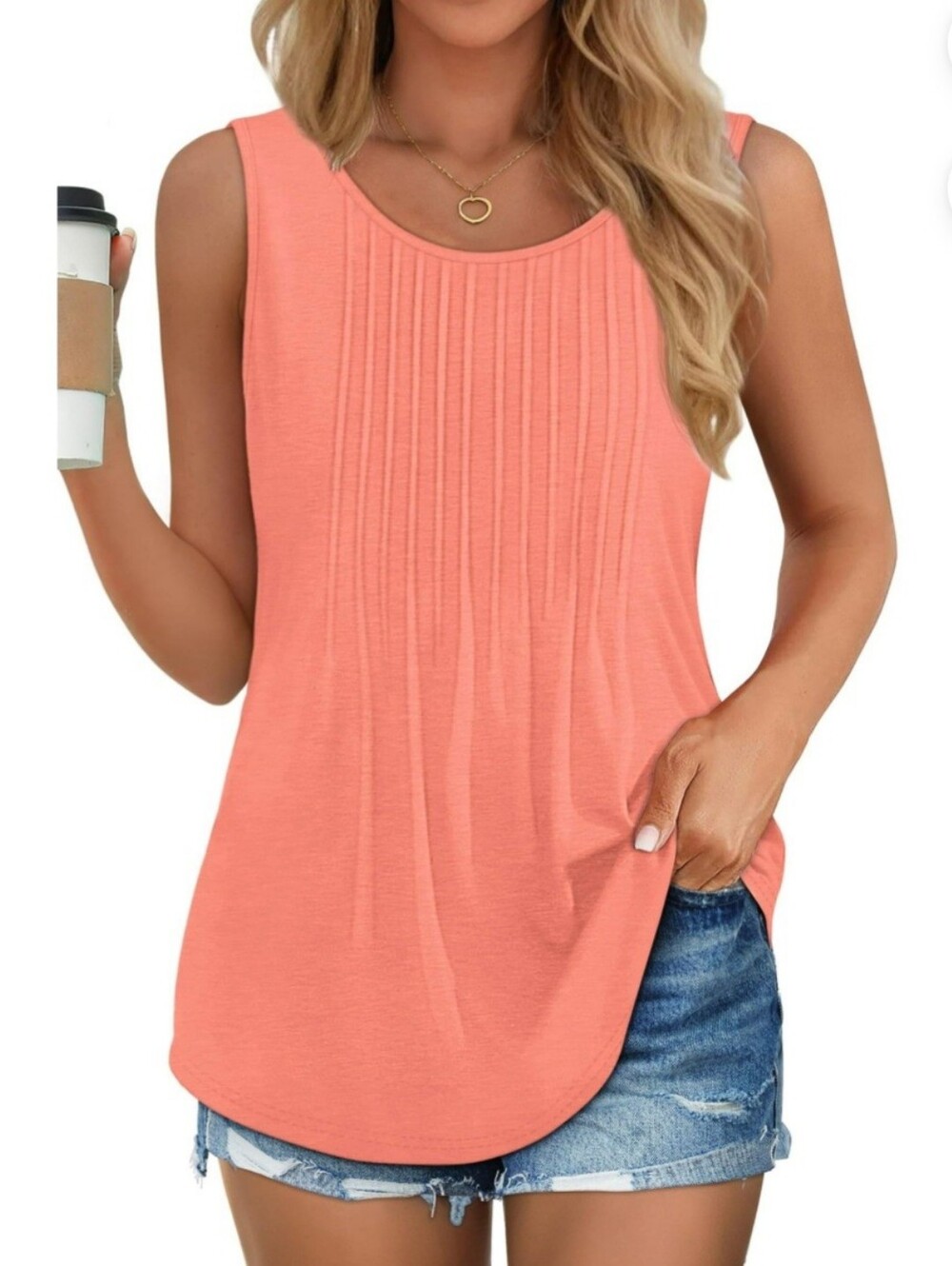 Sleeveless Pleated Coral Tank Top - Women Full & Plus Sizes